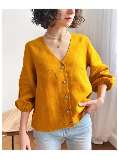 V-NECK LINEN BLOUSE