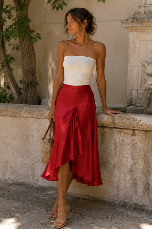 SCARLET SILK MIDI SKIRT