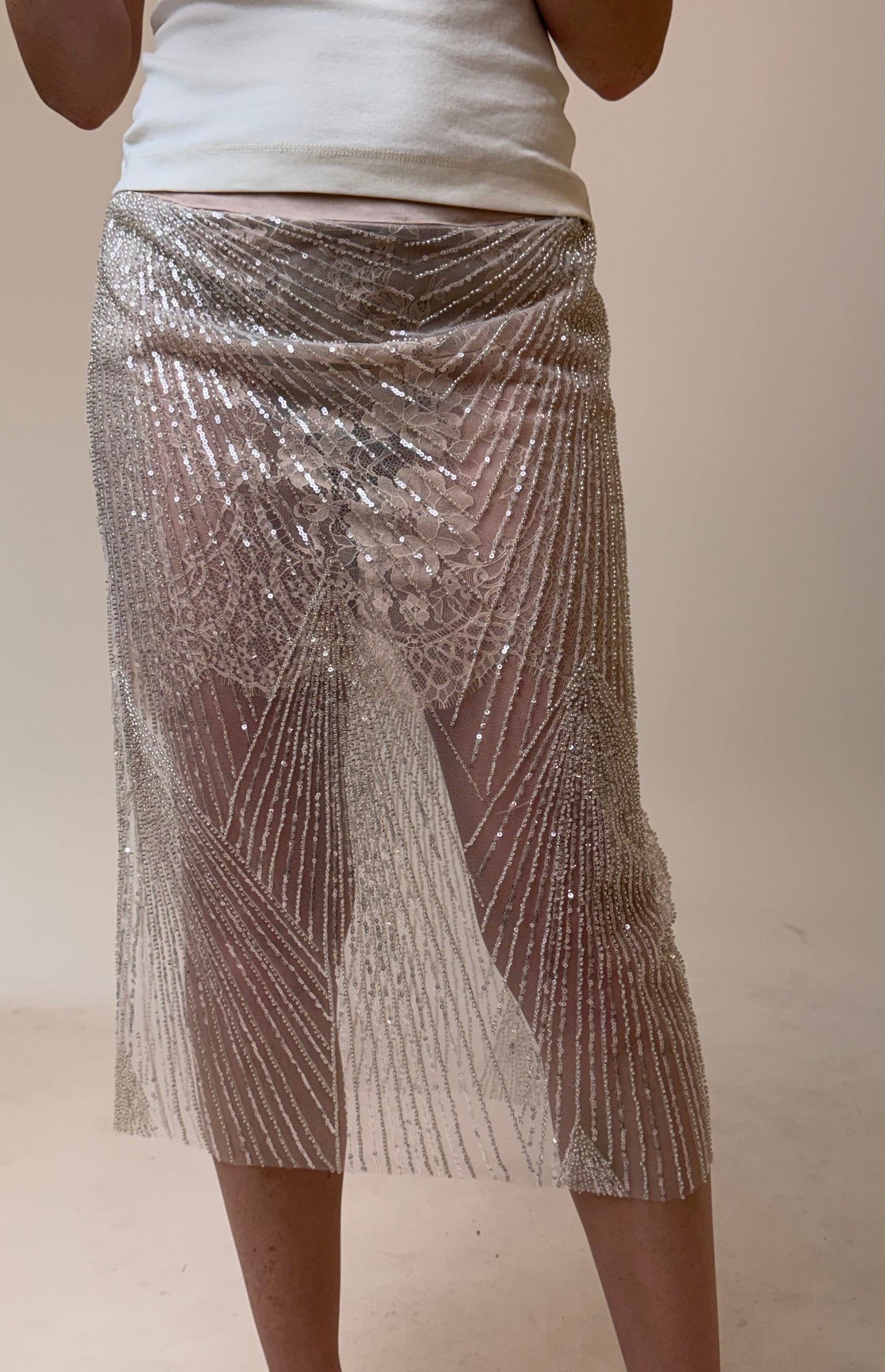ÉTOILE SILVER BEADED LACE SKIRT