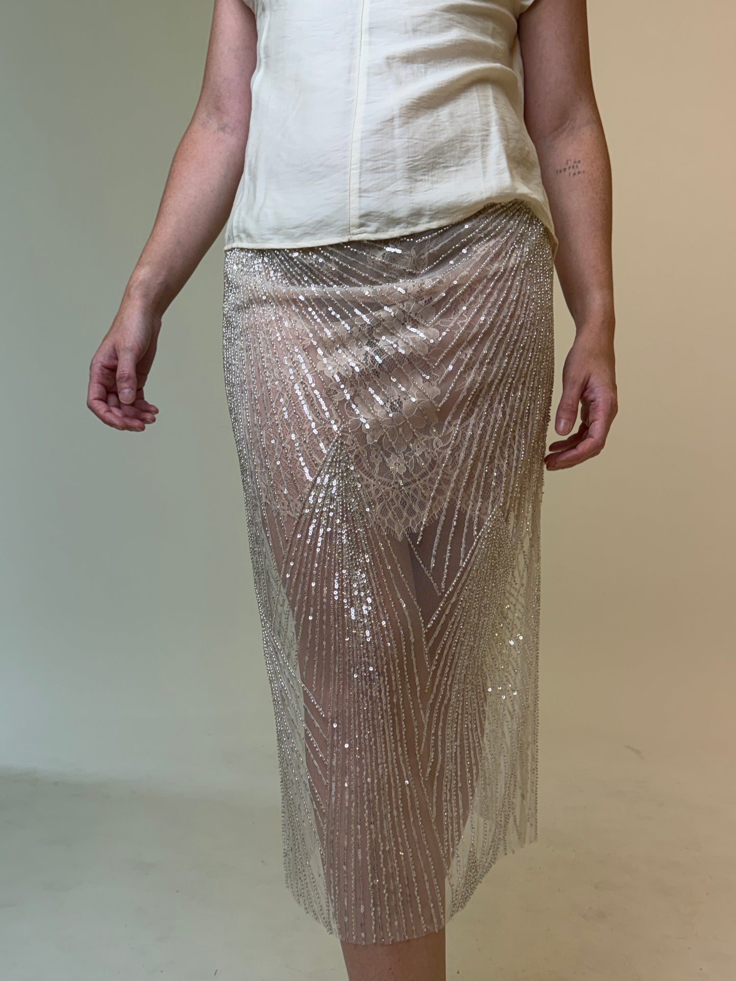ÉTOILE SILVER BEADED LACE SKIRT