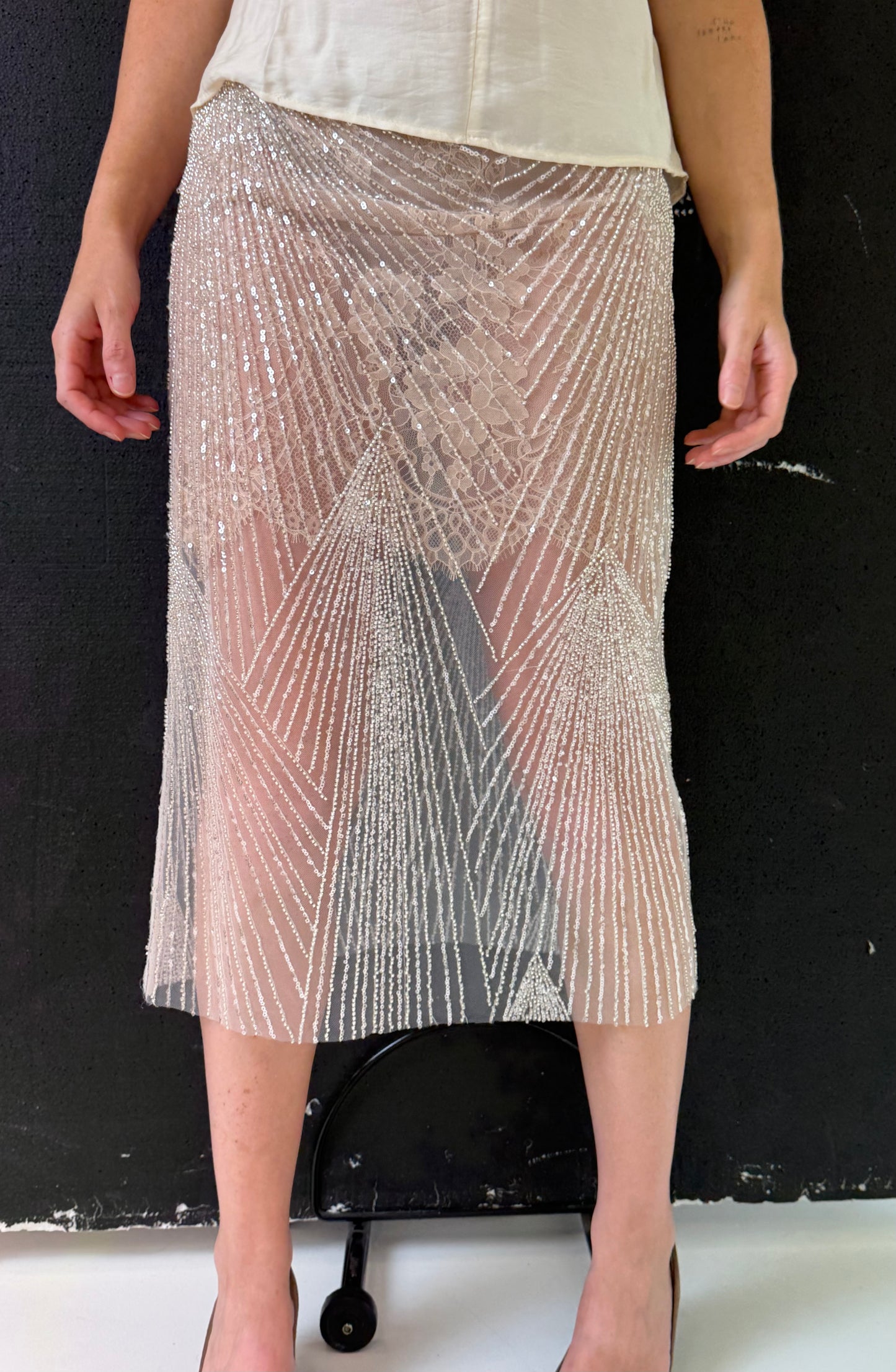 ÉTOILE SILVER BEADED LACE SKIRT