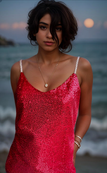 SEQUIN CAMI TOP, V-NECK